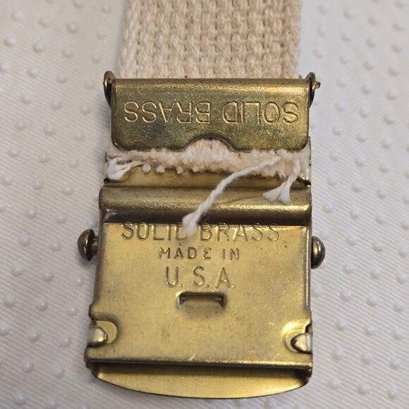 Vintage Solid Brass Money Print Belt Mens 42 Beige Canvas Dollar Buckle USA Made - Picture 3 of 8
